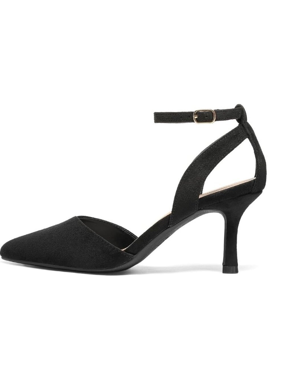 Women's Black Suede Pumps Shoes Pointed Toe Kitten Low Heels Ankle Strap